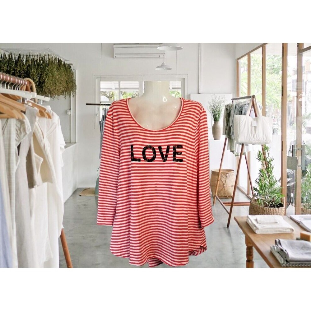 Chico's Women's Tunic Top Red Stripe Beaded LOVE Embellishment Size Large